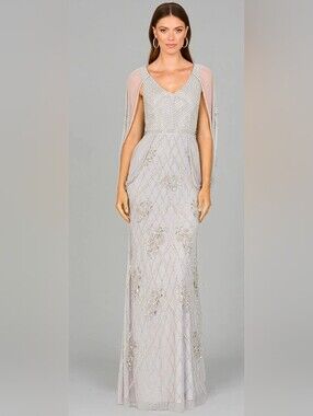 LARA Silver Beaded Maxi Dress with Sheer Long Sleeves